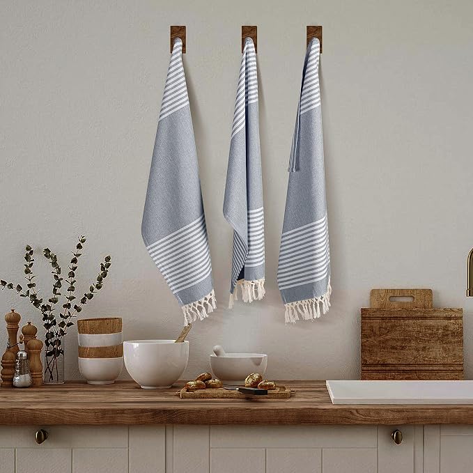 TWINY threads Set of 4 100% Cotton Turkish Kitchen Towels with Hanging Loop & Tassels (18" X 28") | Ultra Washcloth with Fringes | Reusable Hand Towels - Navy Blue