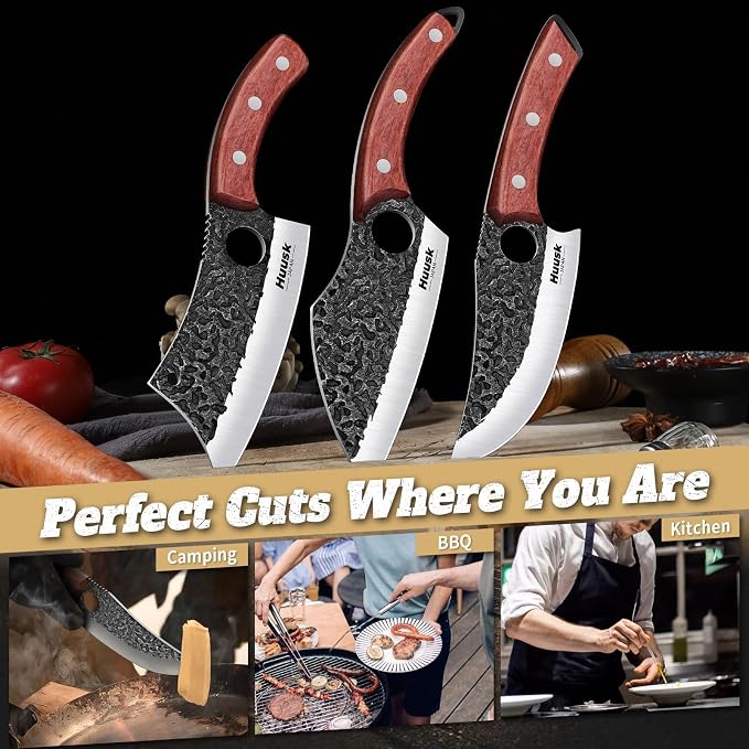 Huusk Butcher Knife Set of 3- Japanese Knife Set for Meat Cutting, Hand Forged Viking Knives Sets with Meat Cleaver, Heavy-Duty Kitchen Knives Sets for Bone BBQ Vegetable, Fathers' Day Gift for Dad