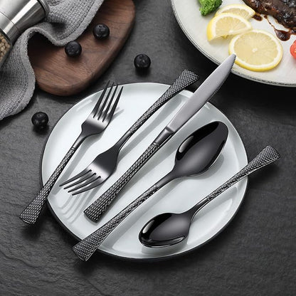Lemeya Hammered Black Silverware Set,30 Piece Modern Flatware Set Service for 6,Mirror Polished Stainless Steel Cutlery Set Utensil Set Tableware Set,Kitchen Knives Forks Spoons Set,Dishwasher Safe
