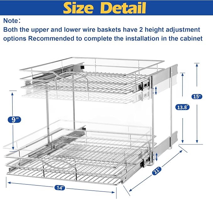 2-Tier Pull Out Cabinet Organizer(14"W X 21"D), Individual Slide Out Basket Kitchen Cabinet Organizer, Cabinet Pull Out Shelves Kitchen Cabinet Organization for Kitchen Pantry, Bathroom, Chrome