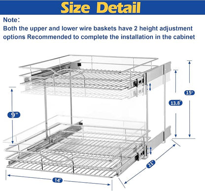 2-Tier Pull Out Cabinet Organizer(14"W X 21"D), Individual Slide Out Basket Kitchen Cabinet Organizer, Cabinet Pull Out Shelves Kitchen Cabinet Organization for Kitchen Pantry, Bathroom, Chrome