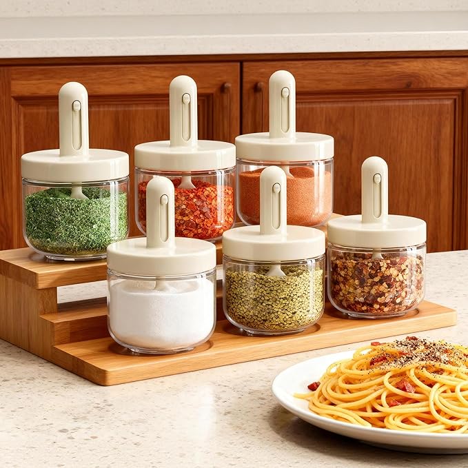 ShanSon 6-Piece Glass Spice Jars with Adjustable Spoon, 10.16oz /300ml Seasoning Containers with Airtight Lids, Moisture-Proof Condiment Pots, Spice Organizer for Kitchen Countertop & Pantry Storage