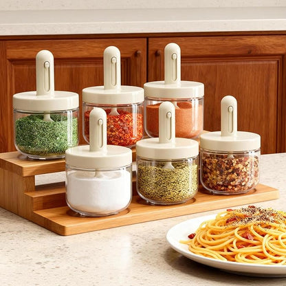 ShanSon 6-Piece Glass Spice Jars with Adjustable Spoon, 10.16oz /300ml Seasoning Containers with Airtight Lids, Moisture-Proof Condiment Pots, Spice Organizer for Kitchen Countertop & Pantry Storage