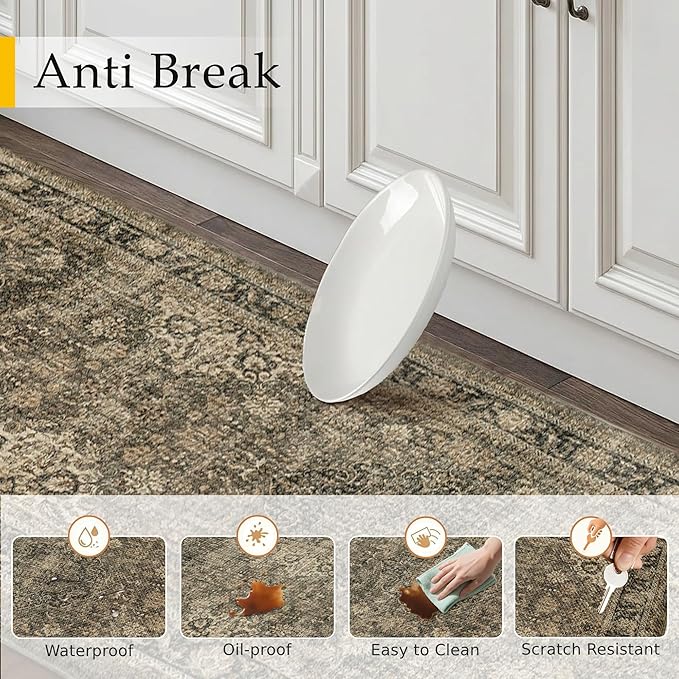 Vintage Kitchen Mats for Floor Anti Fatigue Waterproof Kitchen Rug Brown Cushioned Non-Slip Kitchen Mats Comfort Standing Mat for Sink Laundry Office 17.3"×59"