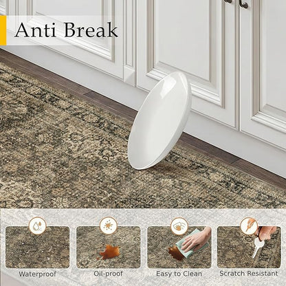 Vintage Kitchen Mats for Floor Anti Fatigue Waterproof Kitchen Rug Brown Cushioned Non-Slip Kitchen Mats Comfort Standing Mat for Sink Laundry Office 17.3"×59"
