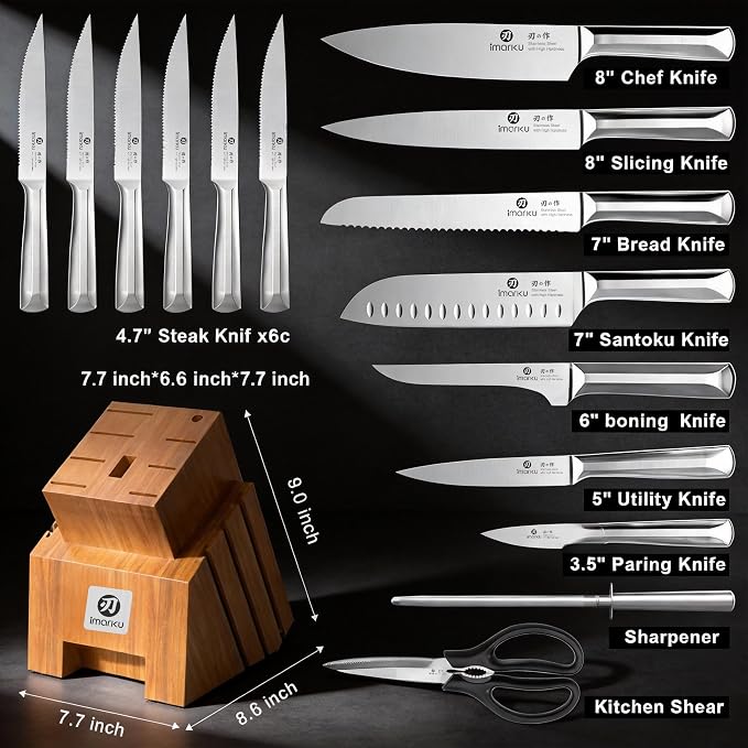imarku Knife Set, Kitchen Knife Set with Block & Sharpener, 16PCS Japanese High Carbon Stainless Steel Ultra Sharp Knife Block Set, Ergonomic Non-Slip Handle, Dishwasher Safe, Perfect Gifts