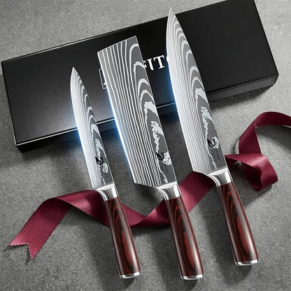 Dfito Kitchen Knife Set, 3 Pieces High Carbon Stainless Steel Chef Knife Set with Red Pakkawood Handle, Ultra Sharp Professional Chef Knives Sets for Home Cooking, Dishwasher Safe