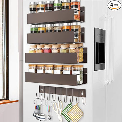 SMRCAD Magnetic Spice Rack Organizer for Fridge Seasoning Organizer for Kitchen storage with Screw Magnetic Shelf with Hook for Refrigerator and Oven (4pack1hook-Bronze)