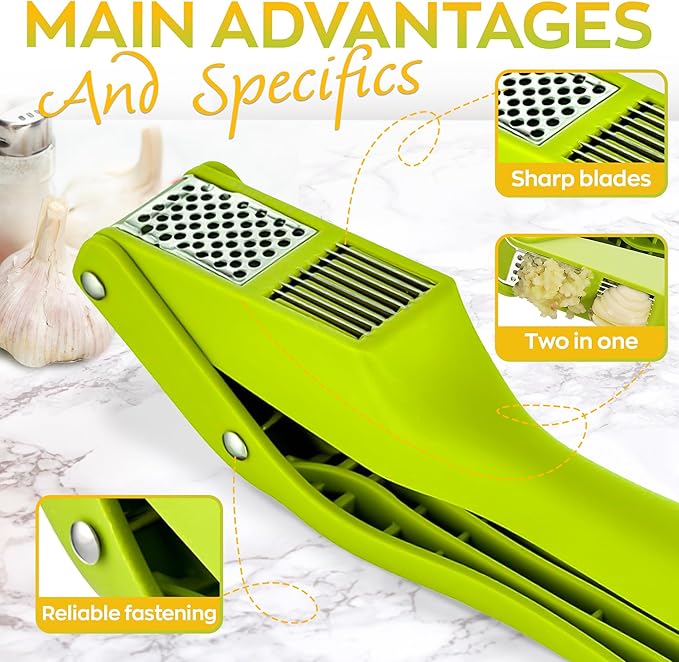 2 in 1 Garlic Slicer and Garlic Press - Multipurpose Garlic Press and Slicer, Stainless Steel and Durable Plastic, 7.6 x 1.7 x 2.5", Easy to Use and Clean, Good for Home and Commercial Use