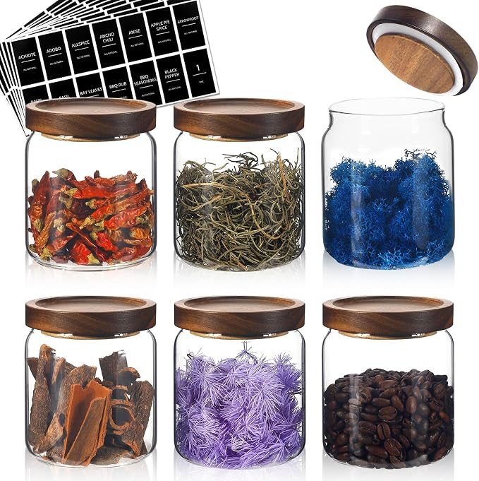 Glass Spice Jars Seasoning Containers Small Glass Jars with Lids Airtight Food Storage Canister for Kitchen Pantry Sugar Tea Coffee Bean Nuts Cookies Herbs Salt (16oz/473ml*6 pack)