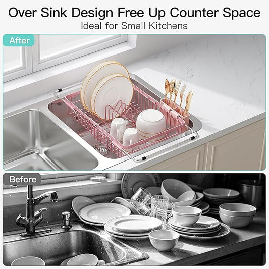 JASIWAY Pink Expandable Stainless Steel Dish Drying Rack Over The Sink for Small Kitchen, Counter Space Saving Compact Plate Drainer Strainer, Adjustable Hanging Metal Dish Dryer with Utensil Holder