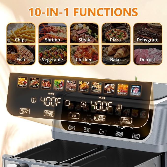 DUMOS Dual Air Fryer with 2 Baskets, 10-in-1 Large Airfryer 9QT with Ceramic Crisper Plate, Sync Finish & Match Cook, Shake Reminder, Wide Temperature 80-450°F, Roast Bake Defrost Dehydrate, Grey