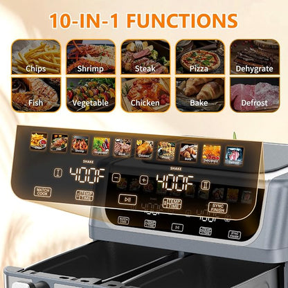 DUMOS Dual Air Fryer with 2 Baskets, 10-in-1 Large Airfryer 9QT with Ceramic Crisper Plate, Sync Finish & Match Cook, Shake Reminder, Wide Temperature 80-450°F, Roast Bake Defrost Dehydrate, Grey
