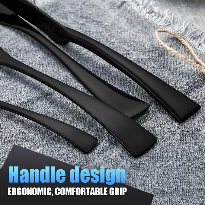 Lemeya 24 Pieces Black Silverware Set for 6,Heavy Duty 18/10 Stainless Steel Flatware Set with Forged Stand Knife,Modern Cutlery Utensil Set,Mirror Polished,Dishwasher Safe