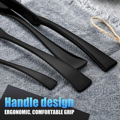 Lemeya 24 Pieces Black Silverware Set for 6,Heavy Duty 18/10 Stainless Steel Flatware Set with Forged Stand Knife,Modern Cutlery Utensil Set,Mirror Polished,Dishwasher Safe