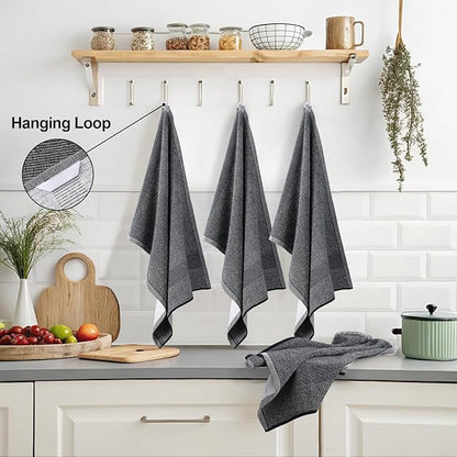 Mordimy Premium Kitchen Towels 8 Pack (18 x 28 Inches, Black), Large Cotton Kitchen Hand Towel, Flat & Terry Dish Towels for Drying Dishes, Super Absorbent Tea Dishtowels Set with Hanging Loop