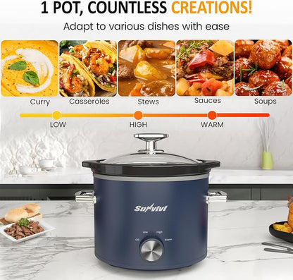 Sunvivi 2 Quart Slow Cooker, Small Slow Cooker with Removable Ceramic Pot, Food Warmer with 3 Heating Settings & Dishwasher Safe Glass Lid, Blue