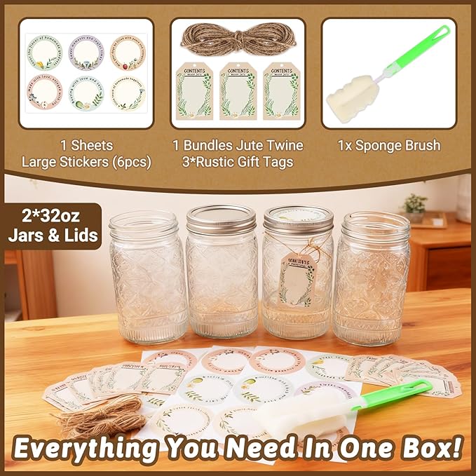 32 oz Mason Jars with Stainless Steel Split Lid, 2-Pack – Wide Mouth Quart Glass Canning Jars, Airtight Seals for Food Storage, Fermenting, Pickling, Kimchi & Sourdough Starter