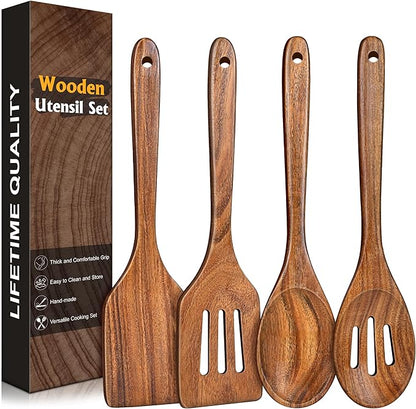 4Pcs Wooden Spatula for Cooking, Acacia Wooden Spatula for Kitchen Use, Nonstick Cookware Safe Utensils Set for Cooking, Mixing, Serving, Draining, Ideal Cooking Utensils Gift