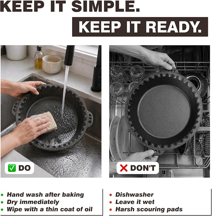 KUHA Cast Iron Pie Pan | Pre-Seasoned Round Cast Iron Pan for Apple, Pumpkin & Cherry Pies, Quiche & Tarts | For Baking & Serving | Silicone Trivet Included | 9", 2" Deep