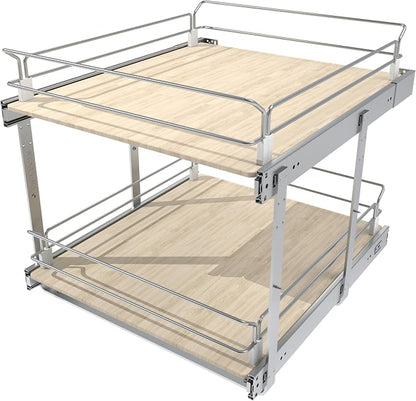 2 Tier Pull Out Cabinet Organizer 20" W X 22" D, Slide Out Drawers For Kitchen Cabinets, Pull Out Drawers For Cabinets Capacity Heavy Duty Caddy, Cabinet Pullout Shelves Wood Chrome, Pantry Storage