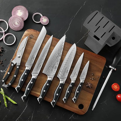 NANFANG BROTHERS Damascus Kitchen Knife Set with Block, 9 Pieces, ABS Ergonomic Handle, Knife Sharpener, Kitchen Shears