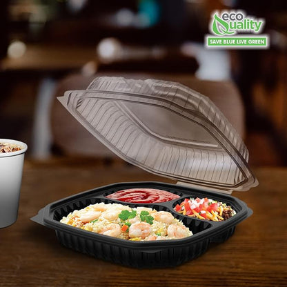 EcoQuality 9x9x3 Inch 3 Compartment Black Hinged Takeout Containers with Clear Lids Food Storage Clamshell for Meal Prep, Restaurant, Catering, and Takeout Packaging (120)