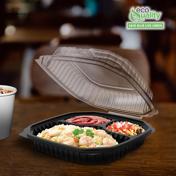 EcoQuality 9x9x3 Inch 3 Compartment Black Hinged Takeout Containers with Clear Lids Food Storage Clamshell for Meal Prep, Restaurant, Catering, and Takeout Packaging (40)