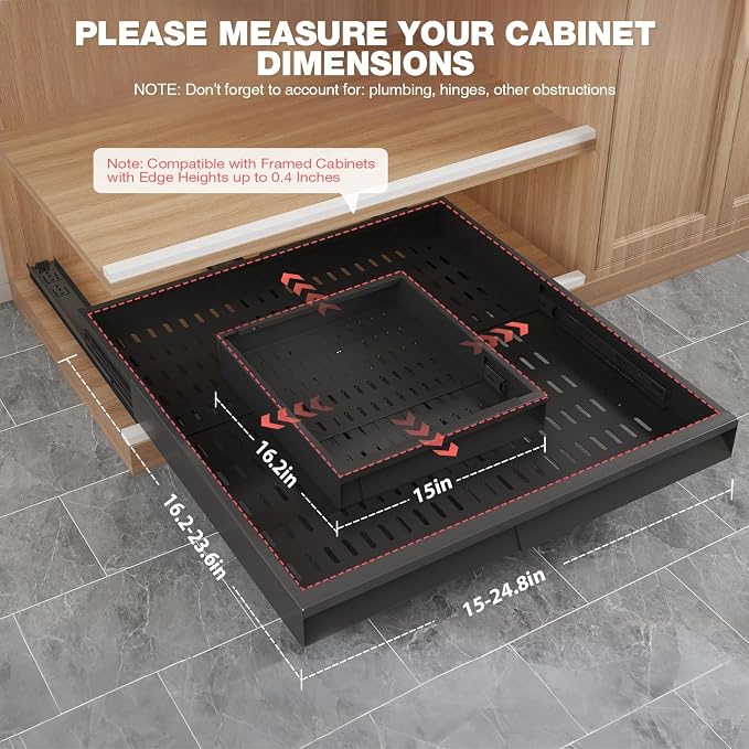 Seinloes 4 Pack Pull Out Cabinet Organizer Expandable Width (15"-24.8") & Depth (16.2"-23.6"), 3 Slide Rails Slide Out Drawers with Handle, Includes Raising Pad for Framed Cabinets, Black
