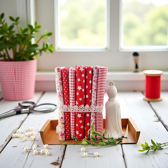 7Pcs Square Shape, Flower, Striped, Polka Dot Cotton Fabric Fabric for Sewing, 25x25cm Cotton Fabric Flower Polka Dot Bundle DIY Patchwork Quilt Cloth,Craft and Hobby Fabric (Red)