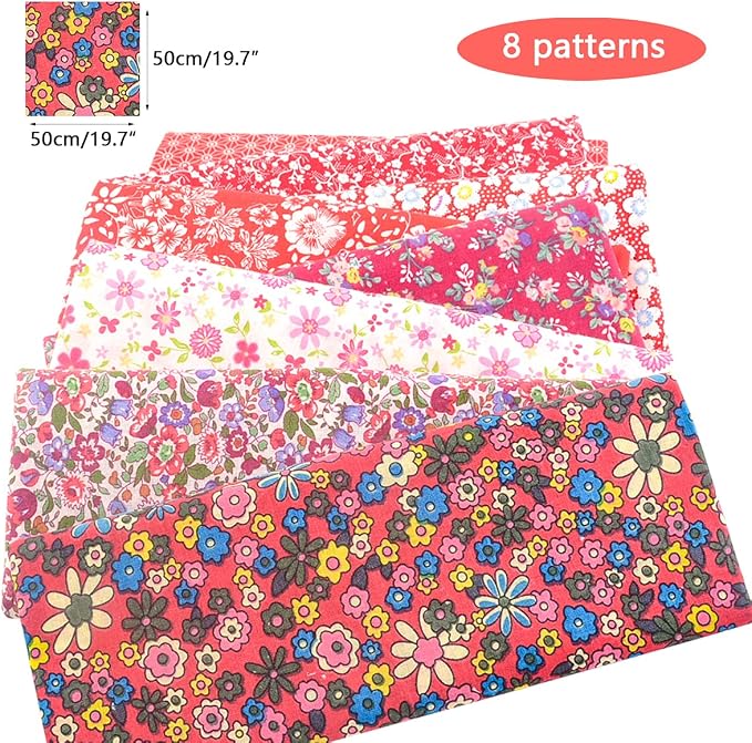 100% Cotton Fabric Squares for Sewing & Quilting - Floral DIY Patchwork Fabric Bundle (20"x20"), Pre-Cut, Red