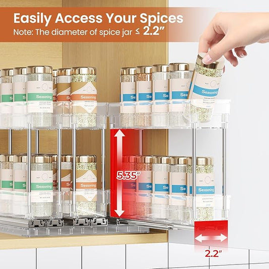 Mystozer Pull Out Spice Rack Organizer for Cabinet, Slide Out Spice Racks Organizer, Easy to Install Spice Cabinet Organizers, 2.3''Wx10.66''Dx8.11''H, 3 Packs - 2 Tiers (Clear)