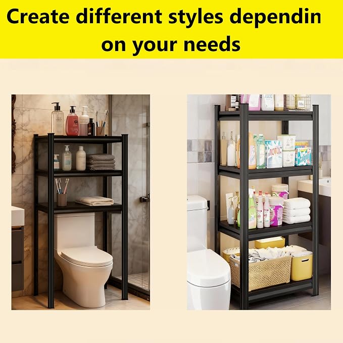 Over The Toilet Storage Shelf, Freestanding Metal Bathroom Shelf Organizer, Waterproof Rustproof Space Saver, Black，54''H×23.6''W×11.8''D