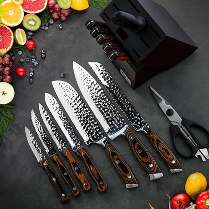 Kitchen Knife Set,15-Piece Knife Set With Block Wooden,Self Sharpening For Chef Knife Set,High Carbon Japan Stainless Steel Hammered Collection Knife Block Set with Steak Knives, Boxed Knife Set
