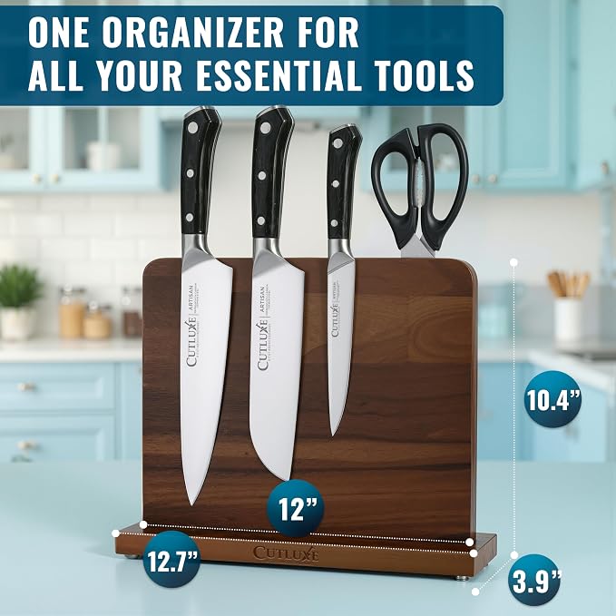 Cutluxe Magnetic Knife Block - Double Sided Acacia Wood Knife Holder, Strong Magnetic Strips, Universal Fit Knife Storage Stand