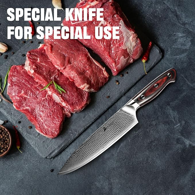Ambertronix Professional Damascus Chef Knife 8 inch, Kitchen Knives Made of Japanese VG-10 Stainless Steel with Unique Pattern, Ultra Sharp Blade and Ergonomic Handle