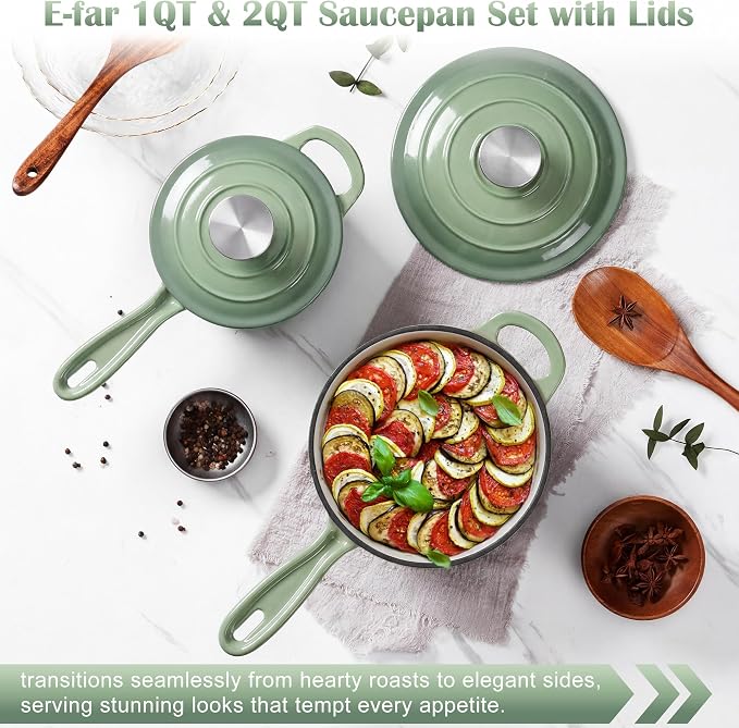 E-far 1Qt & 2Qt Sauce Pan Set, Enameled Cast Iron Saucepans Pot with Self-basting Lids, Heavy Duty Small Dutch Oven for Stove, Induction-Ready & Easy Clean, Pistachio Green