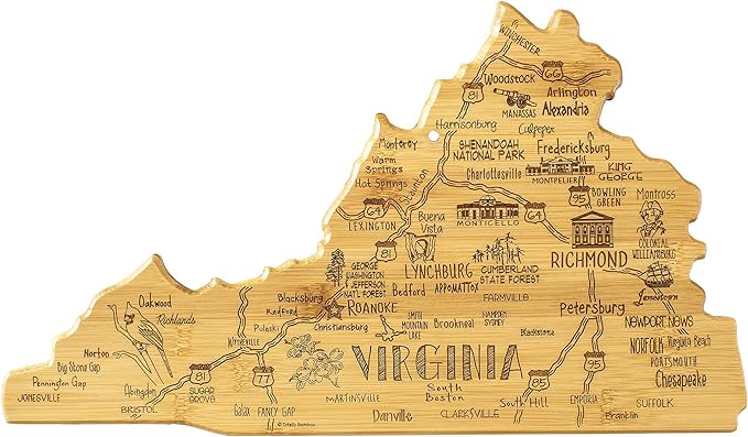 Totally Bamboo Destination Virginia Shaped Cutting Board – Bamboo Charcuterie and Serving Board with Hang Tie for Wall Display