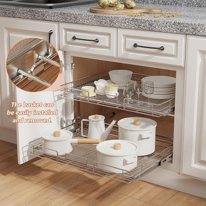 ROOMTEC Individual Pull Out Cabinet Organizer (28½" W x 21½" D), 2 Tier Spice Rack Organizer for Cabinet, Slide Out Drawer Pantry Shelf Organization and Storage for Kitchen Bathroom