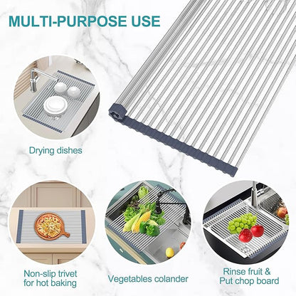BBXTYLY Extra Large Expandable Roll Up Dish Drying Rack,Over The Sink Drying Rack Sink Cover Kitchen Sink Accessories Kitchen Rolling up Stainless Steel Drainer, Foldable,Rollable（Gray，22.8''-17.3''）