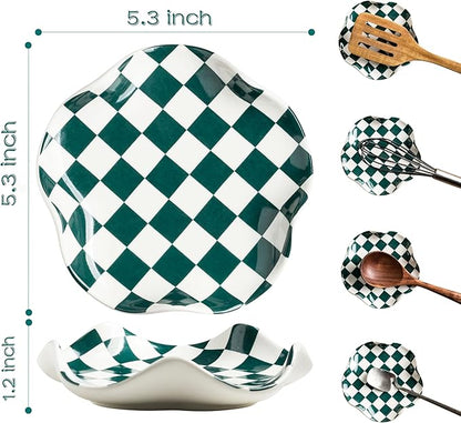 Miamolo Ceramic Spoon Rest for Stove Top, Spoon Holder for Kitchen Counter, Large Utensil Spatula Holder for Stove, Heat Resistant Cooking Spoon Rest, Checkered Kitchen Decor Gift for Housewarming