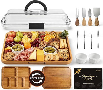 Renmxj Charcuterie Boards with Lid Gift Set, 2 in 1 Travel Portable Cheese Board with Knives Set, Natural Bamboo Charcuterie Tray, Housewarming Gifts New Home, Picnic, Wedding Gifts, Black Handle