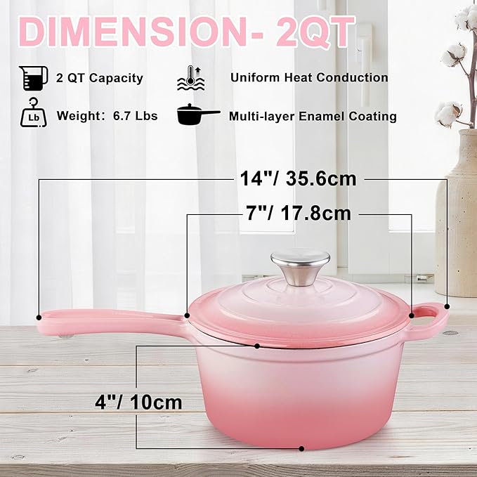 2 Quart Sauce Pan with Lid, Leonyo Small Cooking Pots, Enameled Cast Iron Cookware Set Simmer Pots for Kitchen Induction Boiling Soup, Bread, Ramen - Up to 500°F & Oven Safe, Pink