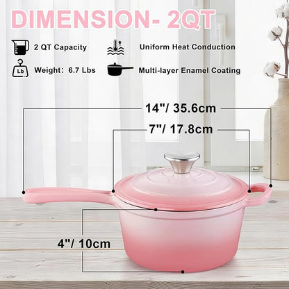 2 Quart Sauce Pan with Lid, Leonyo Small Cooking Pots, Enameled Cast Iron Cookware Set Simmer Pots for Kitchen Induction Boiling Soup, Bread, Ramen - Up to 500°F & Oven Safe, Pink