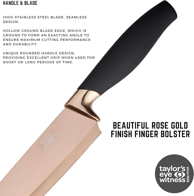Taylors Eye Witness 5pc Kitchen Knife Gift Set - Brooklyn Rose Gold Colored Bolsters, Matching Razor Sharp Titanium Coated Blades. Soft Grip Handles. 2yr Peace of Mind. Extra Sharpener for Knives