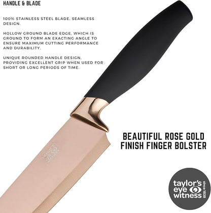 Taylors Eye Witness 5pc Kitchen Knife Gift Set - Brooklyn Rose Gold Colored Bolsters, Matching Razor Sharp Titanium Coated Blades. Soft Grip Handles. 2yr Peace of Mind. Extra Sharpener for Knives
