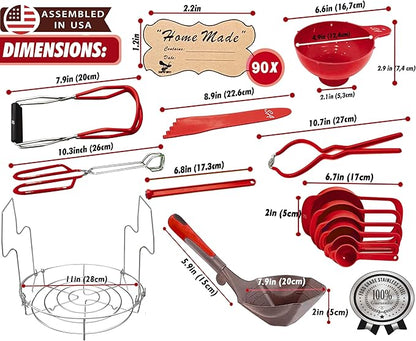 Supa Ant Complete Canning Supplies Starter Kit – 10pc Food-Grade Steel Set with XL Ladle, 6 Measuring Cups, Jar Lifter, Funnel, Canning Rack (7-Jar Capacity) & 90 Labels – Beginner-Friendly, Red