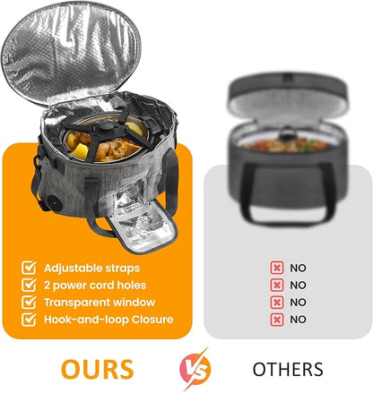 SUNVIVI Portable Slow Cooker Bag Fits for 6-8 Quart, Insulated Travel Bag with See-thought Window, Carry Case with Top Zip Compartment, Mesh Pocket & Adjustable Band for Camping, Potluck, Gathering