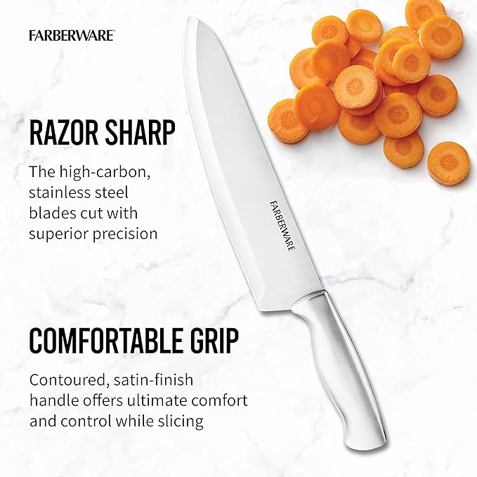 Farberware 15-Piece Kitchen Knife Set, High-Carbon Stainless Steel Blades with Wood Block, Steak Knives, Sharpening Tool & All-Purpose Shears, Razor Sharp, Ergonomic Stainless Steel Handles