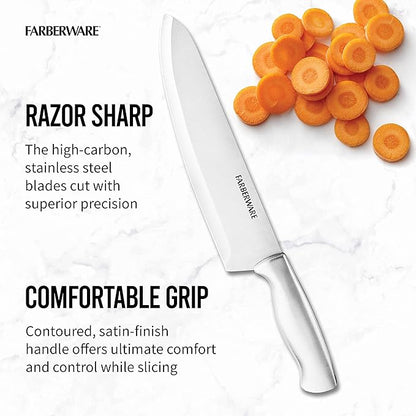 Farberware 15-Piece Kitchen Knife Set, High-Carbon Stainless Steel Blades with Wood Block, Steak Knives, Sharpening Tool & All-Purpose Shears, Razor Sharp, Ergonomic Stainless Steel Handles